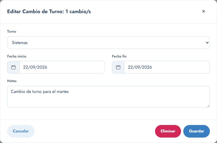 Edición de un cambio de turno en la aplicación actual